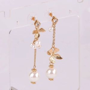 Flowers Crystal Pearl Chain Drop Stud Earrings